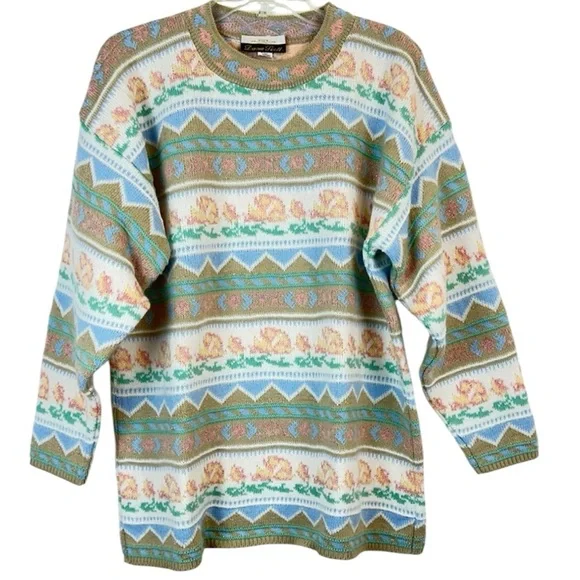 Vintage 80s Pastel Pattern Knit Sweater Fairy Kei Kawaii Oversized L XL - Picture 10 of 10